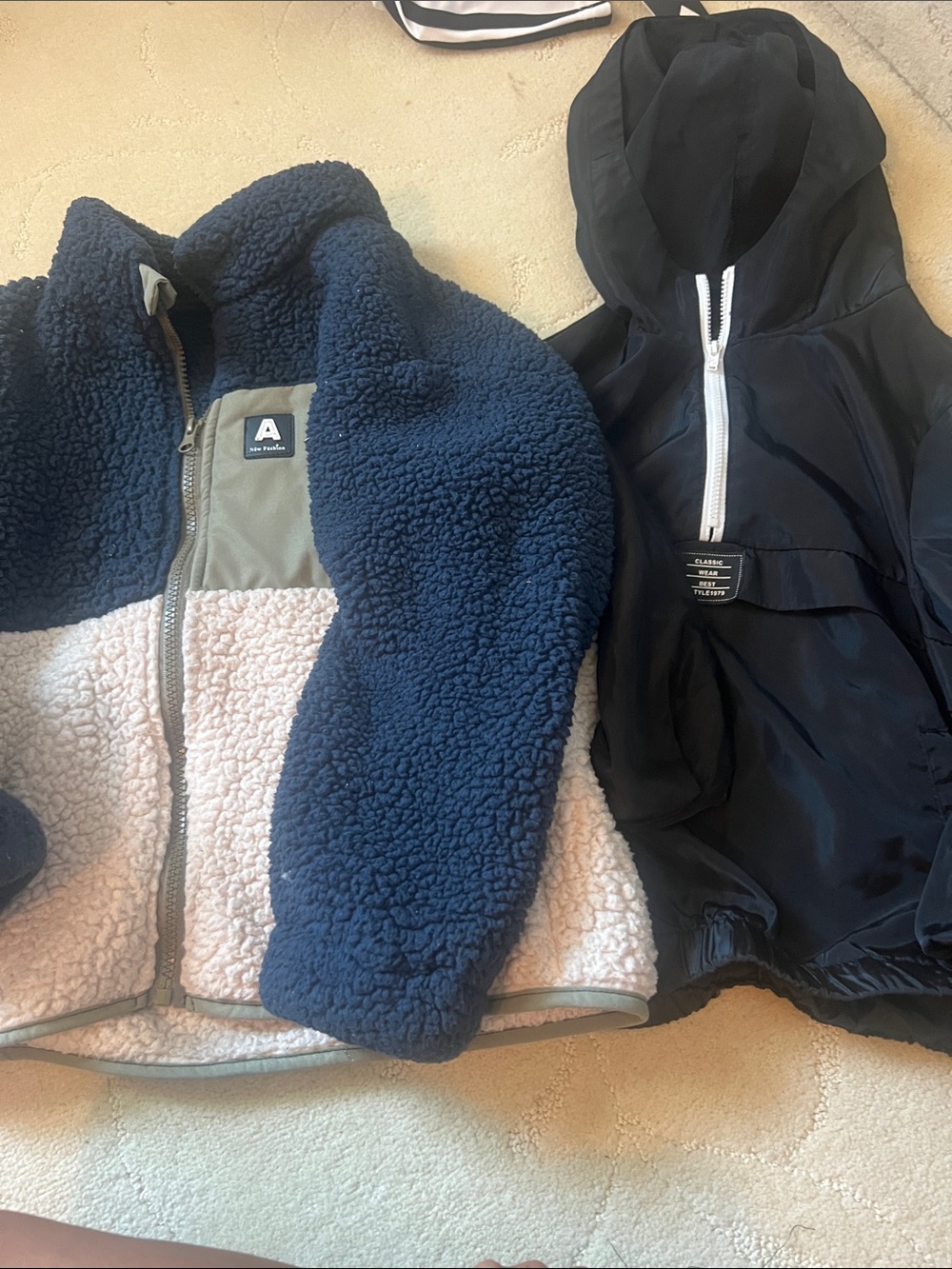SHEIN Navy & Cream Sherpa Colorblock Jacket and Black Hooded Windbreaker Set